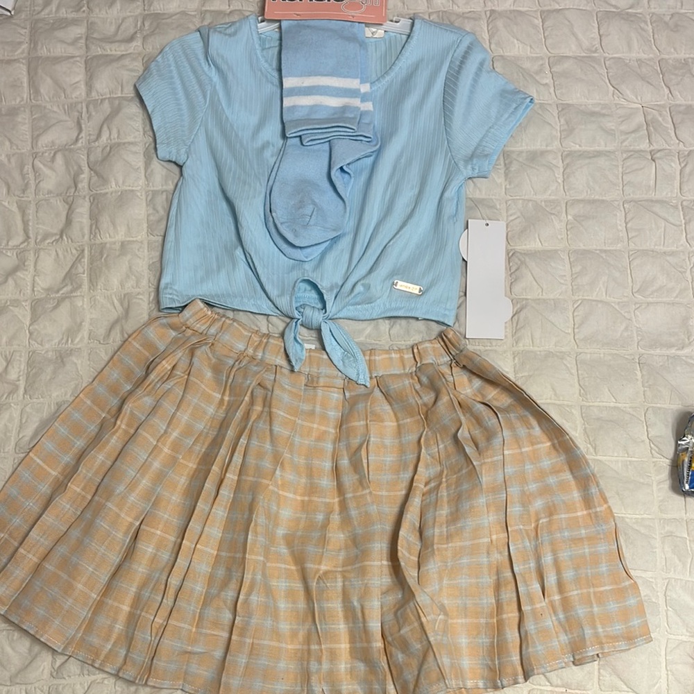 Girls' Blue Top and Plaid Skirt Set size 10 brand new